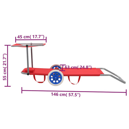 Tumbona plegable con toldo y ruedas acero roja