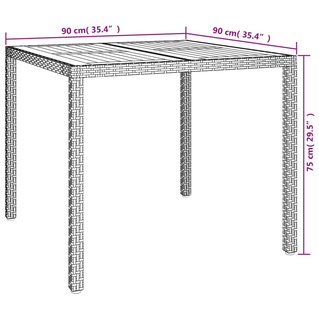 Mesa de jardín ratán PE madera acacia maciza gris 90x90x75 cm