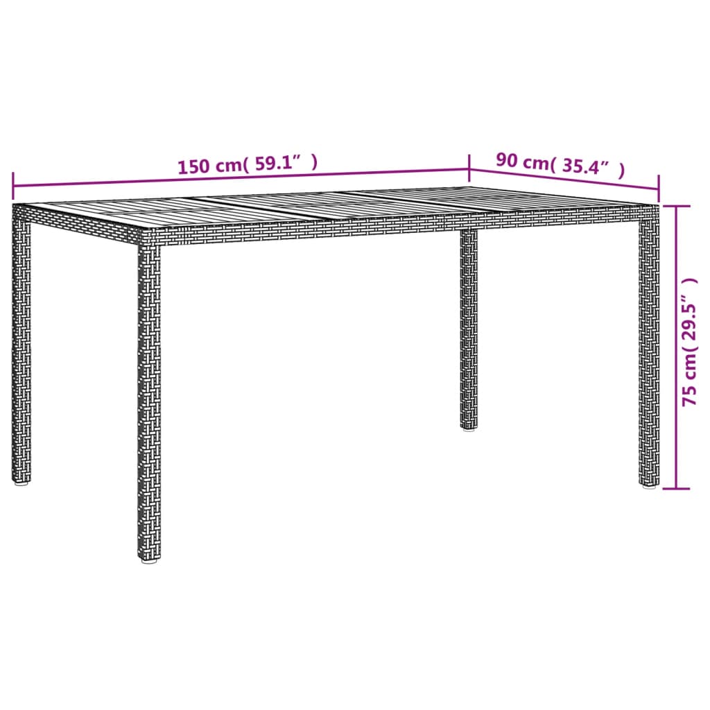 Mesa de jardín ratán sintético madera acacia gris 150x90x75 cm