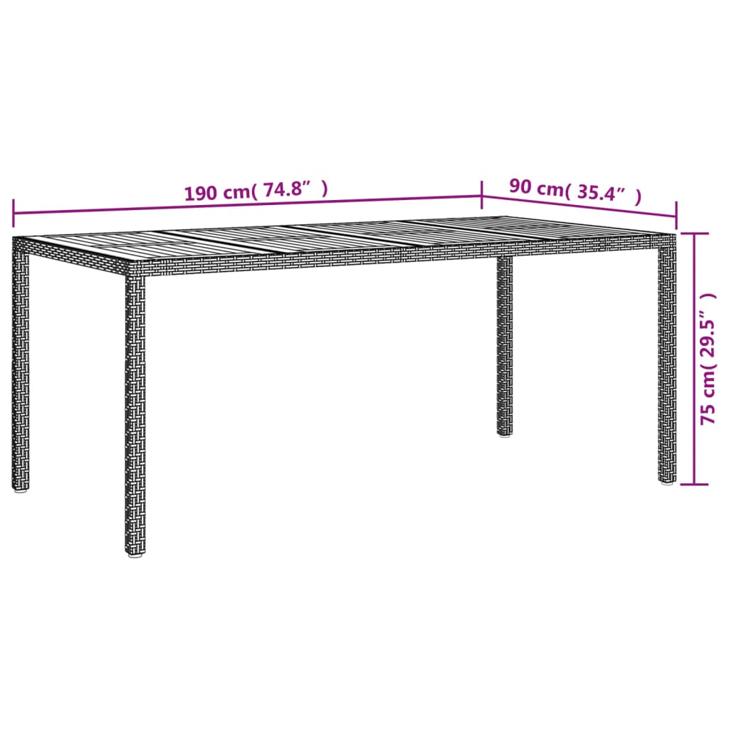 Mesa de jardín madera acacia ratán sintético negra 190x90x75 cm