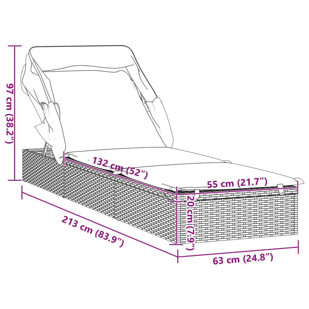 Tumbona con toldo plegable ratán sintético marrón 213x63x97cm