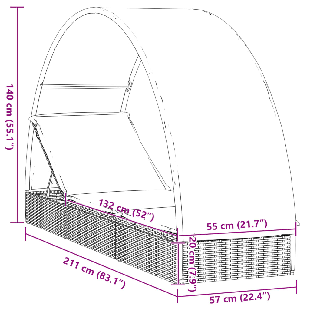 Tumbona con toldo redondo ratán sintético gris 211x57x140 cm