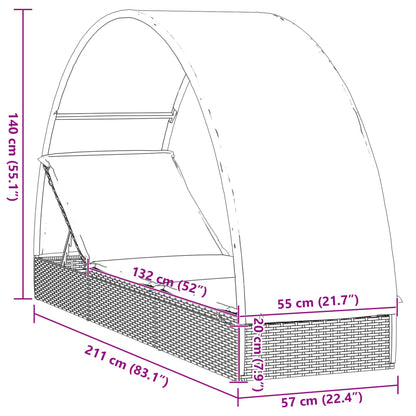 Tumbona con toldo redondo ratán sintético gris 211x57x140 cm