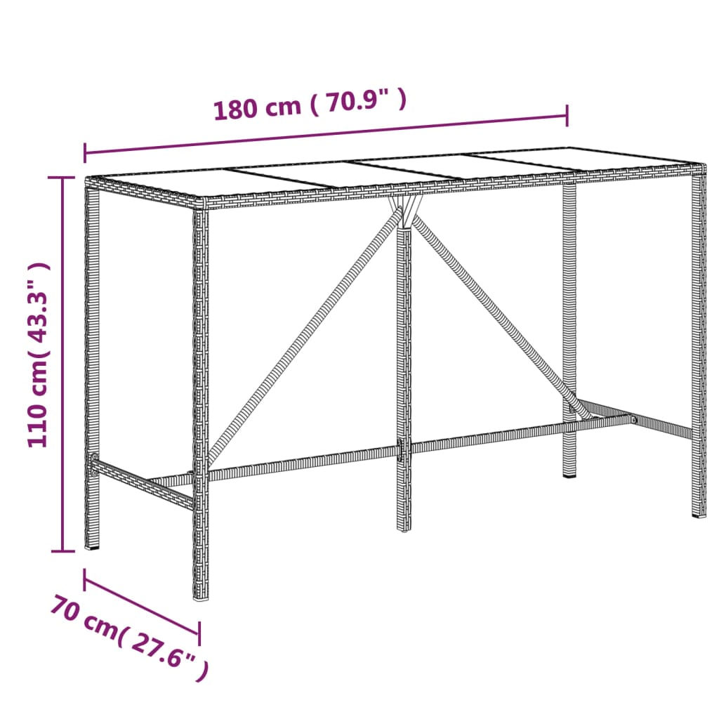 Mesa alta bar ratán PE y superficie vidrio negro 180x70x110 cm