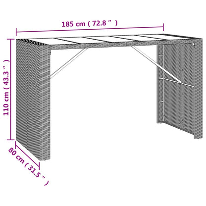 Mesa alta bar superficie vidrio ratán PE marrón 185x80x110 cm