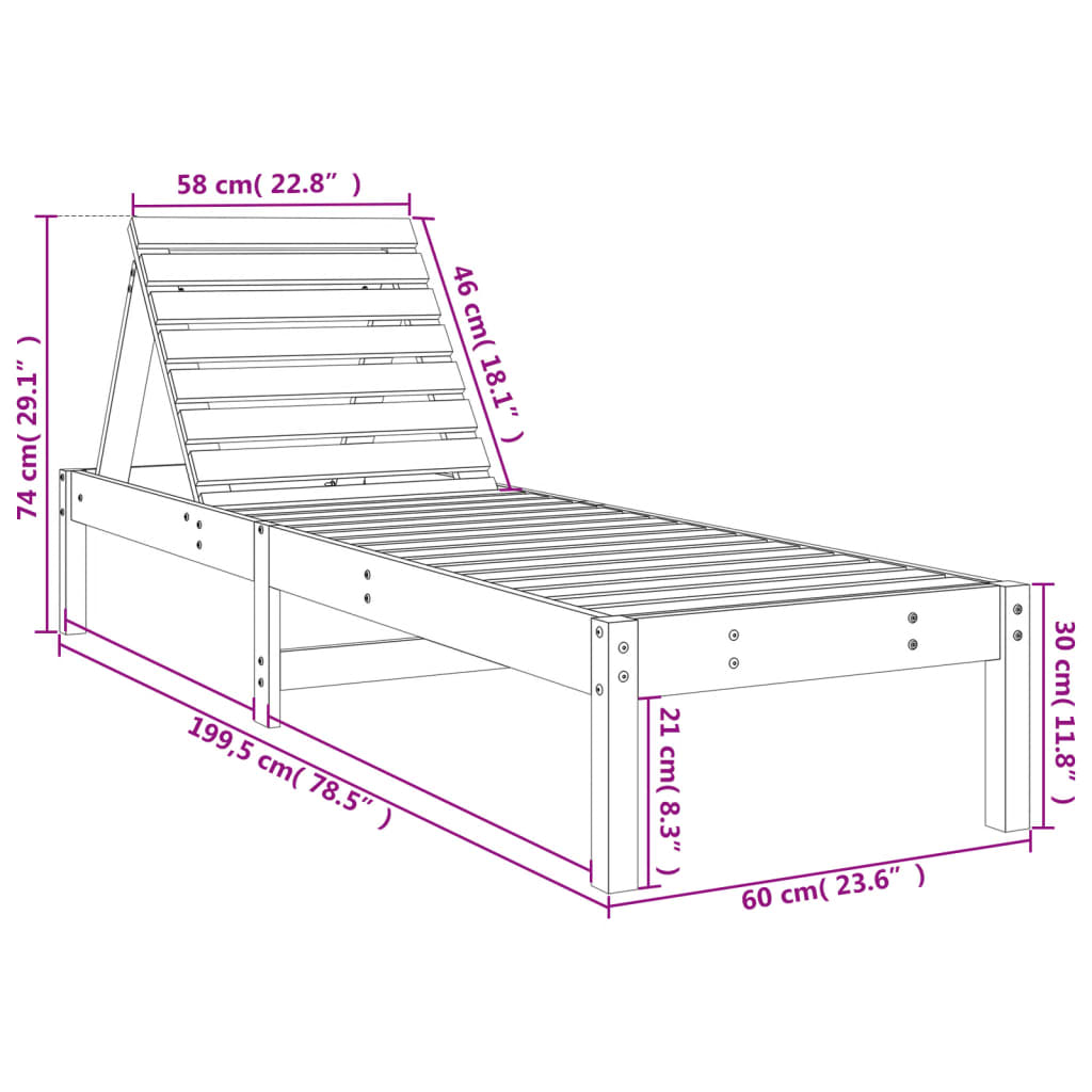 Tumbona madera maciza de pino 199,5x60x74 cm