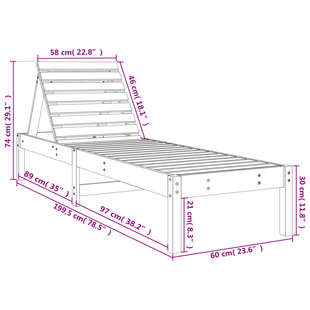 Tumbona de madera maciza de pino blanca 199,5x60x74 cm