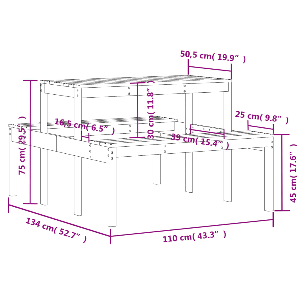 Mesa de picnic madera maciza de pino 110x134x75 cm