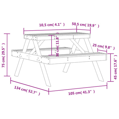 Mesa de pícnic madera maciza de pino blanco 105x134x75 cm