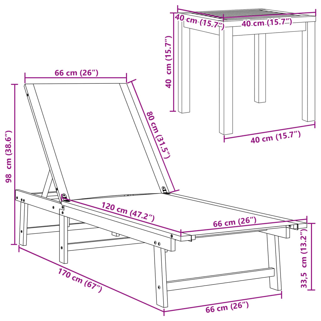 Tumbona con mesa madera maciza de acacia y textileno crema